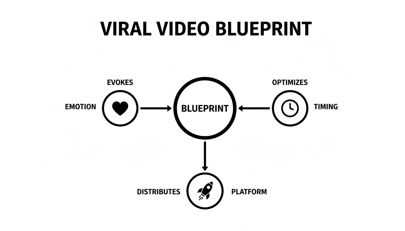 Diagram illustrating the viral video blueprint, showing connections between emotion, timing, and platform.