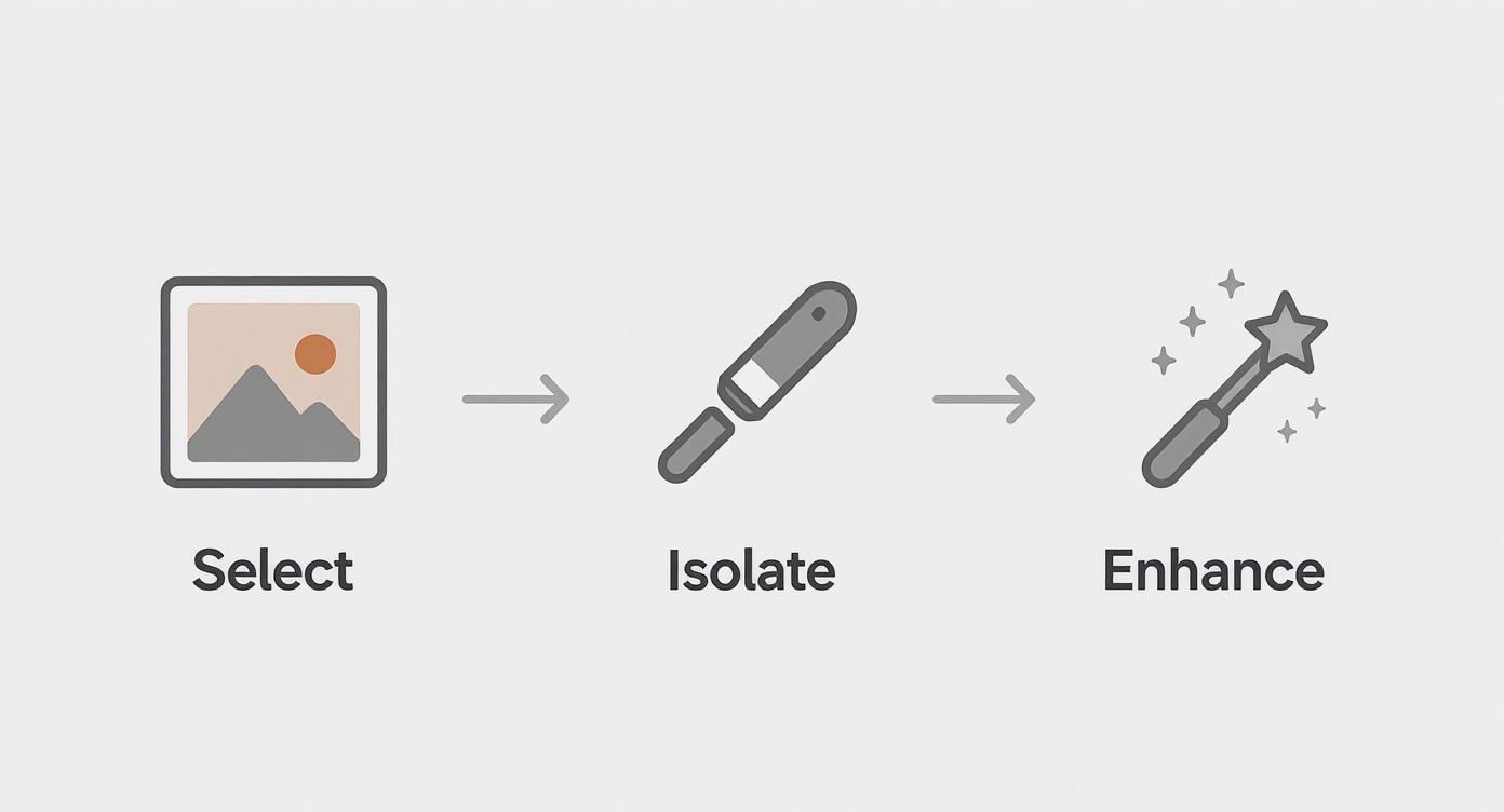 Infographic showing the process of preparing an image for animation with three steps Select, Isolate, and Enhance.