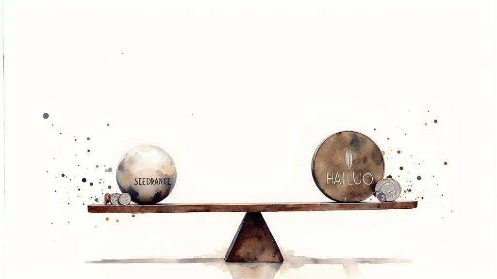 A balanced watercolor scale featuring Seedrance on a sphere and Hailuo on a disc with coins.