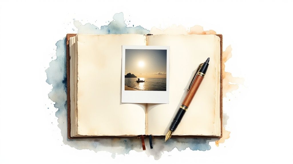 Open vintage journal with sunset photograph and fountain pen on blank pages for writing