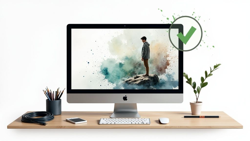 iMac desktop computer displaying watercolor artwork of person on cliff with green checkmark
