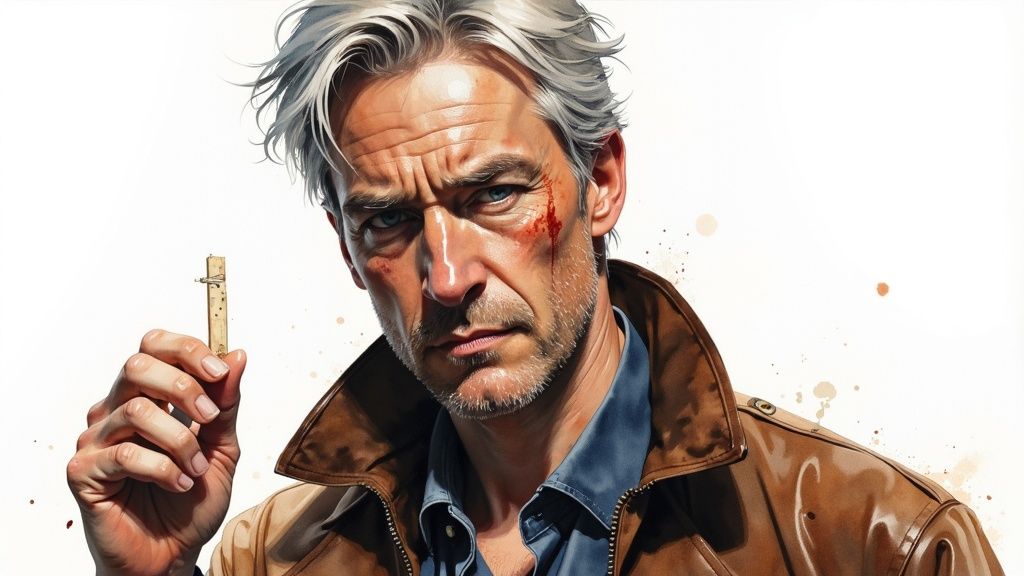 A determined man with grey hair, a brown leather jacket, and facial smudges holds a wooden peg.