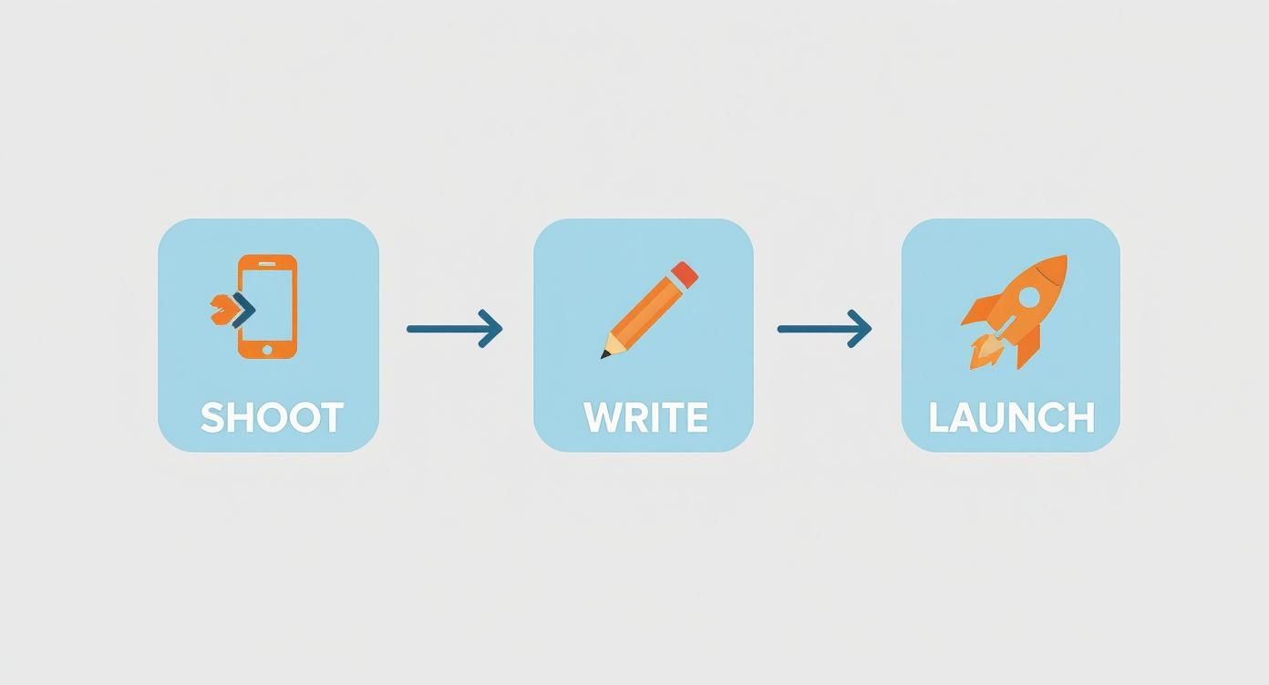 A three-step infographic depicting the content creation process: shoot, write, and launch, with icons for each.