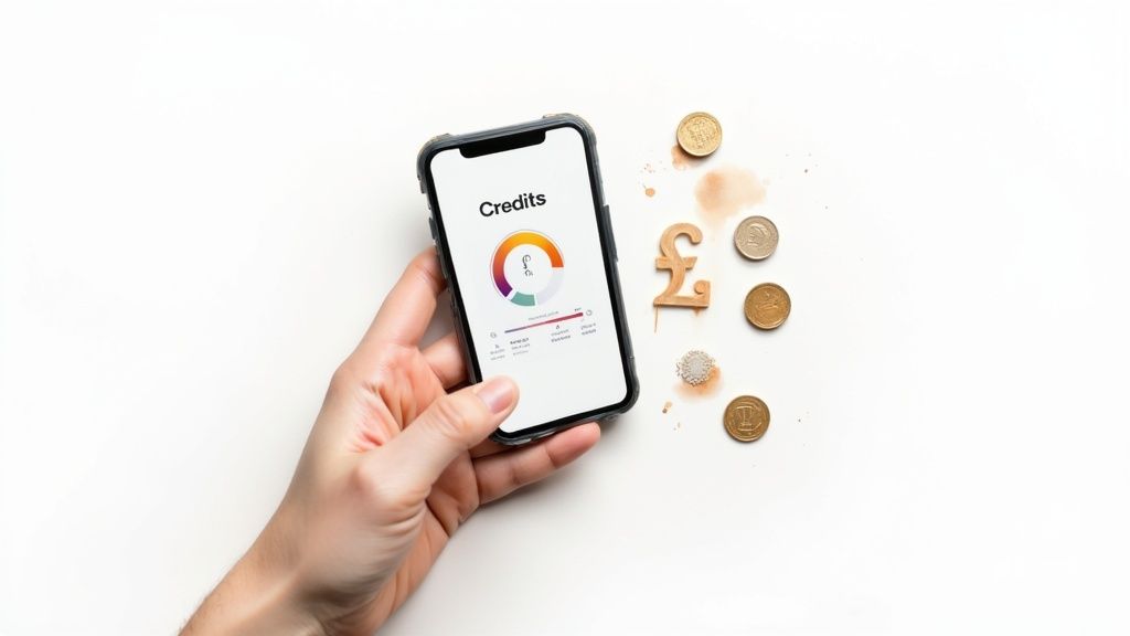 Hand holding a smartphone displaying a 'Credits' finance app with a pound symbol and coins.