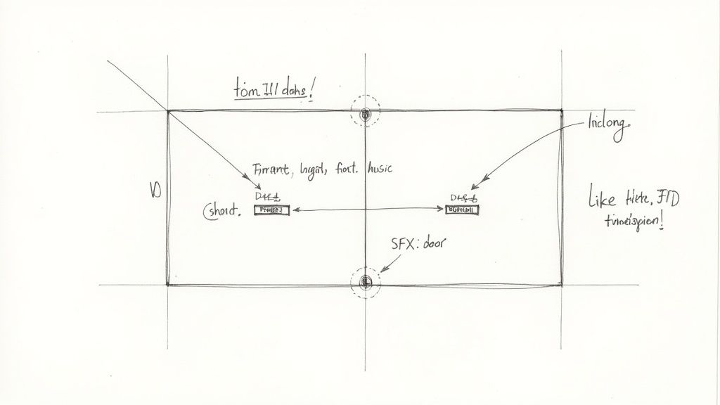 A detailed storyboard panel showing visual and written notes for a video scene.