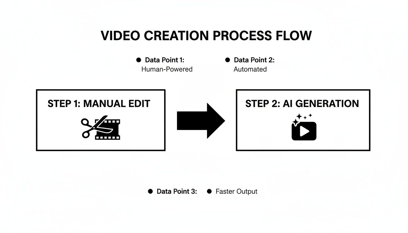 A flow diagram illustrating a video creation process from manual editing to AI generation, emphasizing automation and faster output.
