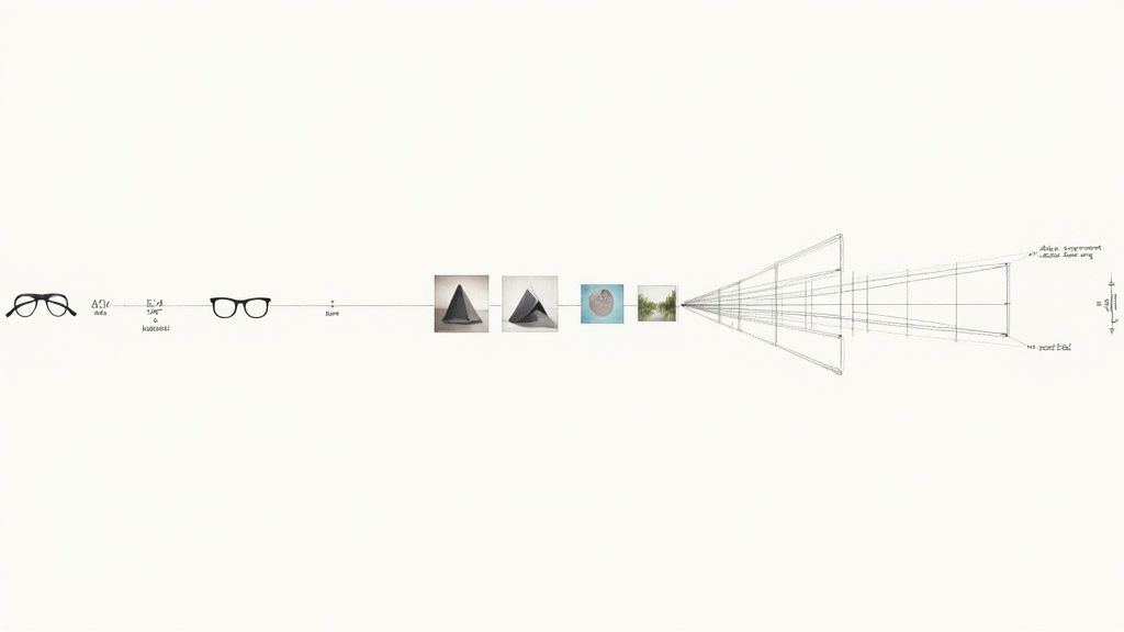 Conceptual diagram illustrating a sequence from eyeglasses and abstract shapes to a perspective tunnel drawing.