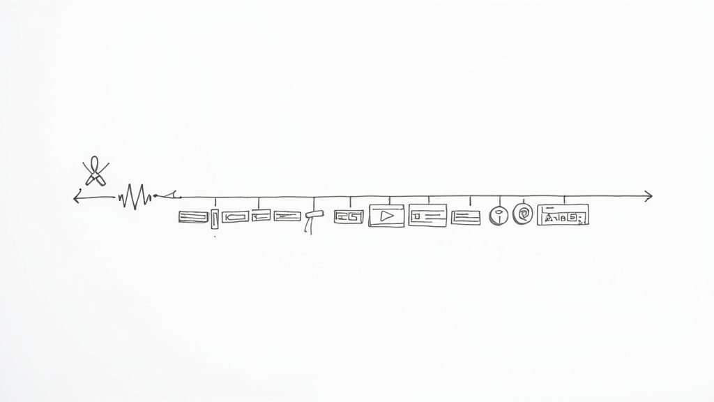 A person editing a video on a computer, with timelines and clips visible on the screen, indicating the post-production process.