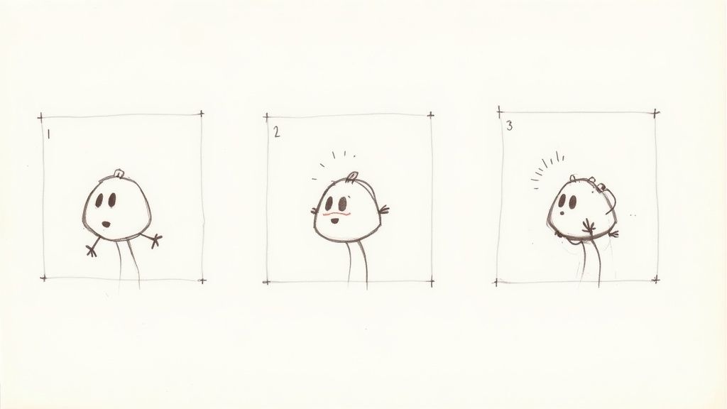 Three panels show a simple cartoon character evolving from surprised to delighted with new ideas.