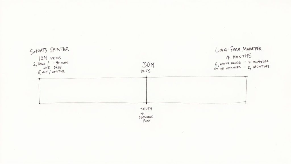 Handdrawn diagram comparing monetization requirements for YouTube Shorts and long-form video content, showing key metrics and timeframes.