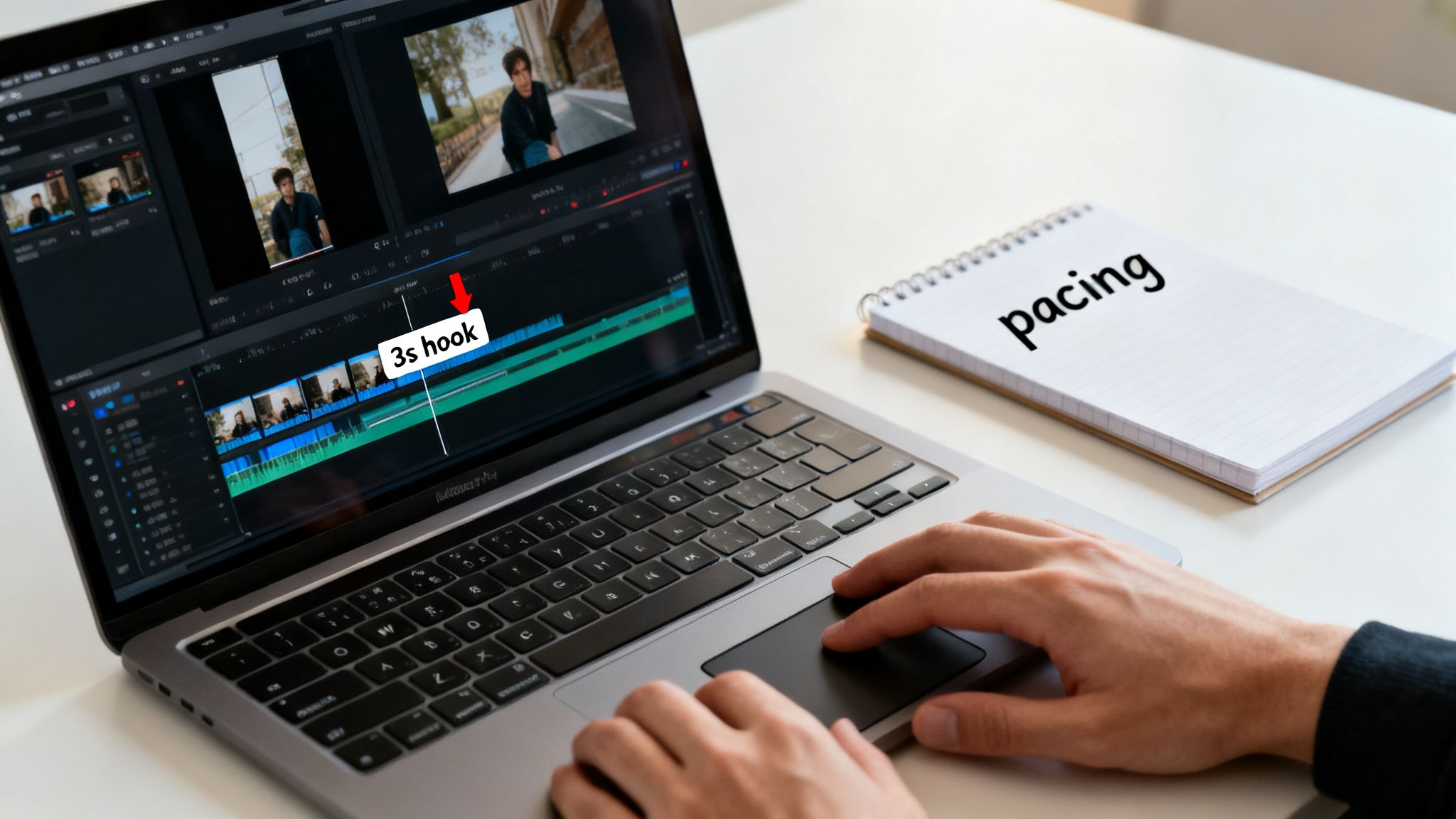 Person editing YouTube Shorts video on laptop, showing '3s hook' on timeline, with a notebook saying 'pacing'.