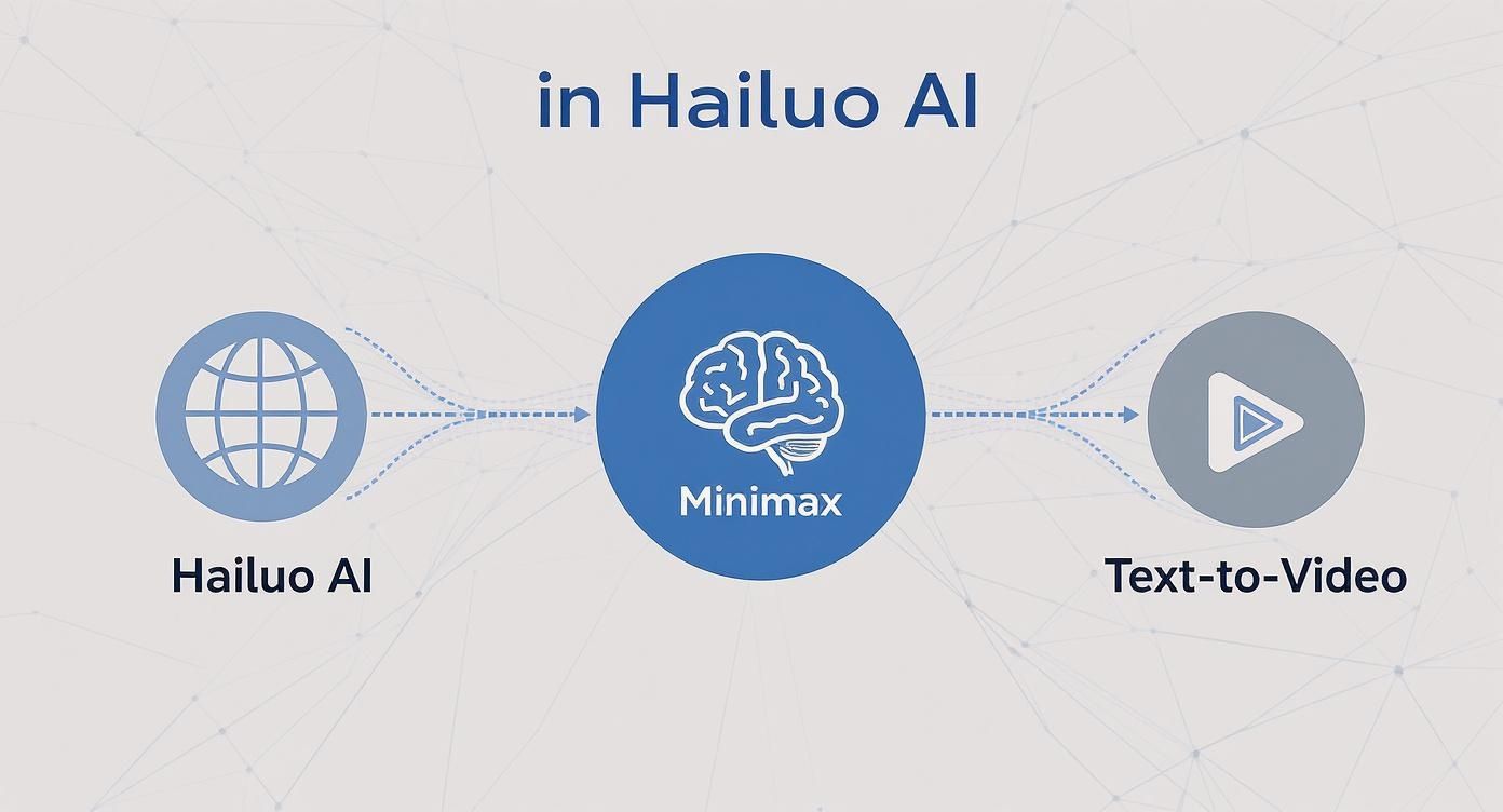 Diagram illustrating Hailuo AI leveraging Minimax technology for text-to-video content creation.