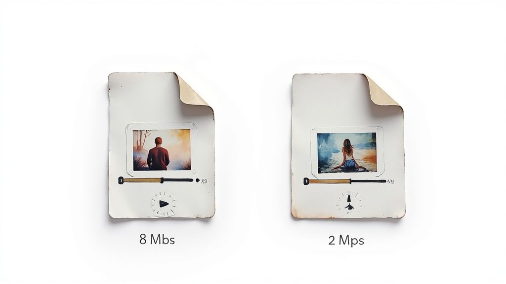 Two paper media players show video buffering progress, comparing 8 Mbs with 2 Mps speeds.