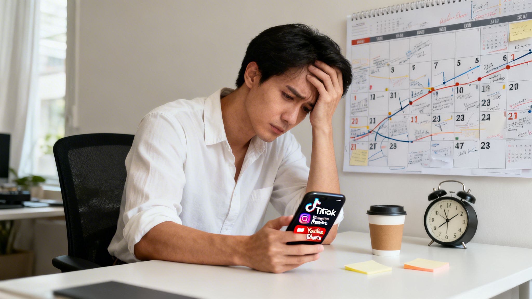 Stressed man looking at a phone showing short-form video apps, with a busy calendar behind him.