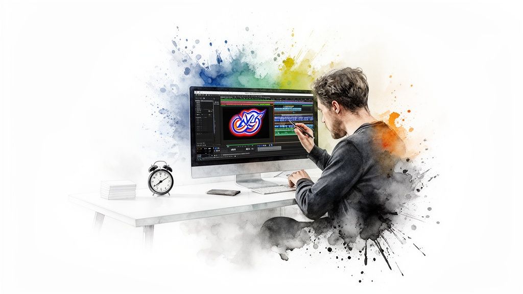 A man edits video on a computer, creating a colorful logo with a stylus, surrounded by watercolor art.