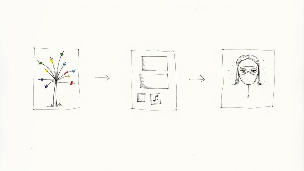 Hand-drawn illustration showing a process from diverse inputs to a digital interface and a masked user.
