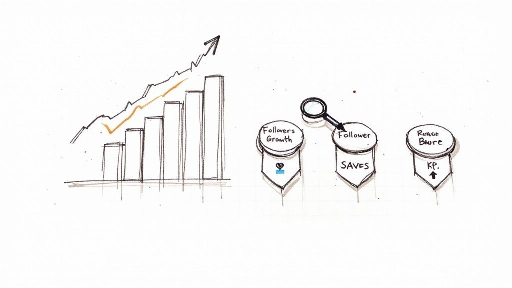 Hand-drawn diagram showing an upward trending bar chart and social media metrics for followers, saves, and reach.