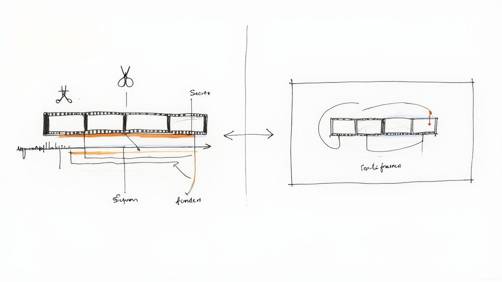 A split-screen image showing traditional video editing on one side and an AI text-to-video interface on a other.