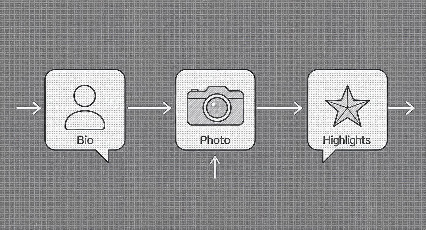 A three-step process diagram showing Bio, Photo, and Highlights for an Instagram profile.