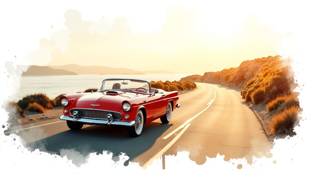 A vibrant red vintage convertible car on a winding coastal road with a glowing sunset.