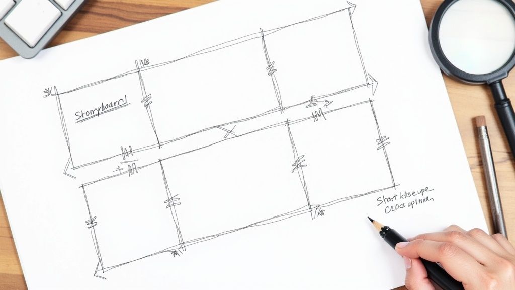 A person sketching a storyboard for a video, with post-it notes and drawings laid out on a desk.