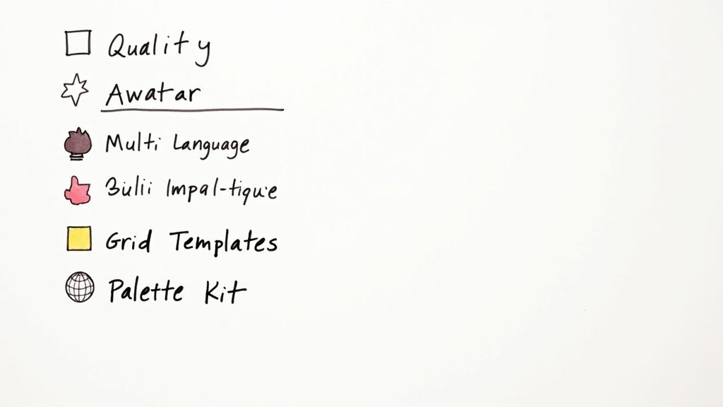 A checklist interface on a futuristic screen, highlighting key features like 'Avatar Customization' and 'Output Quality'.