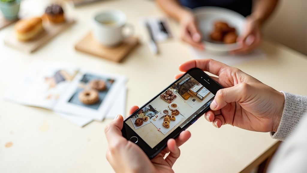 Person taking smartphone photo of donuts on table for social media content creation