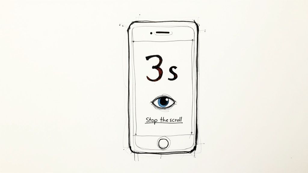 Hand-drawn smartphone displaying '3s' and a blue eye with the message 'Stop the scroll' for engagement.
