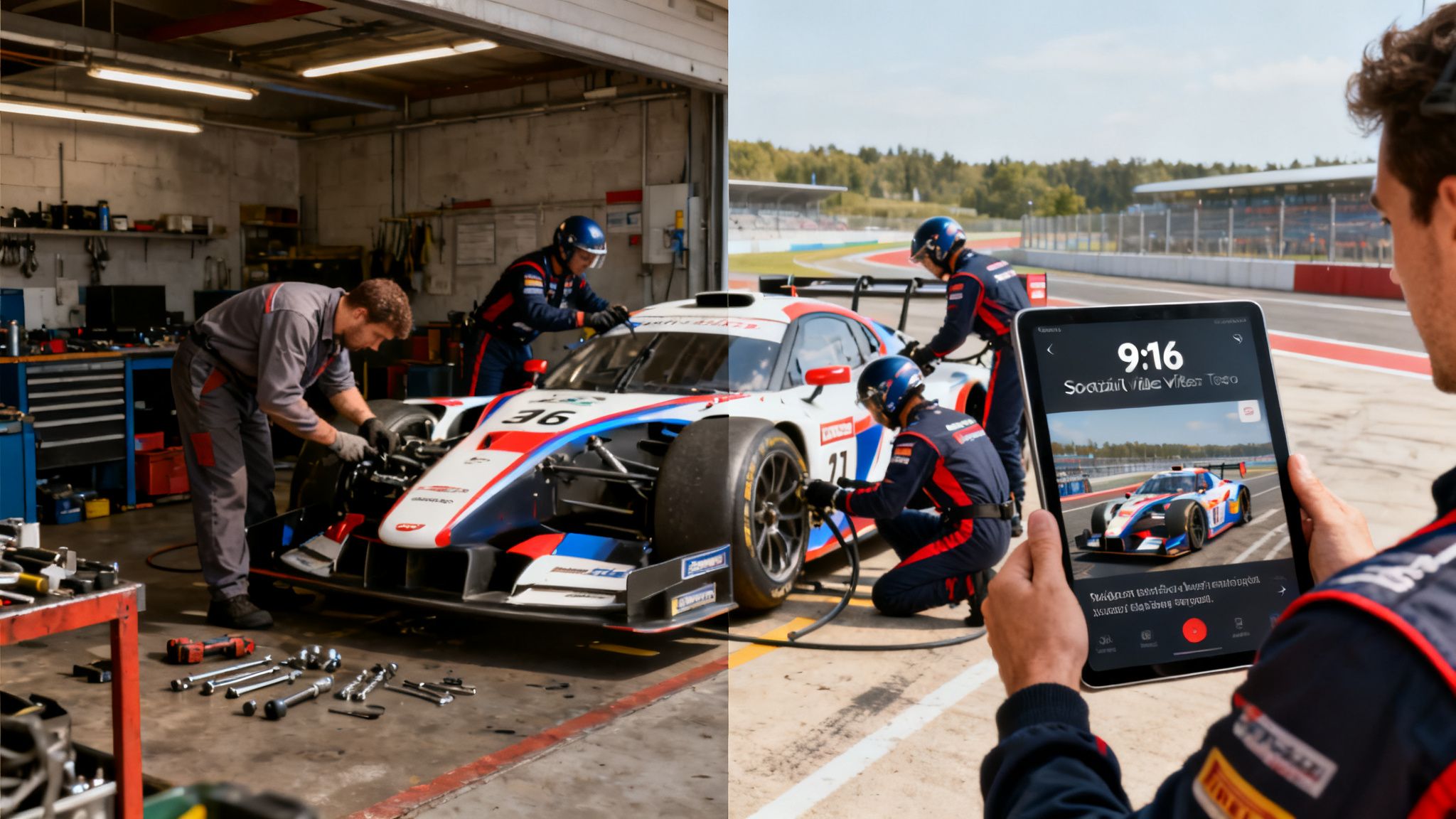 A pit crew works on a race car in a garage, while a person views a pit stop video on a tablet.