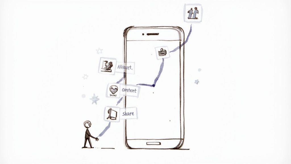 Hand-drawn illustration depicting a person sharing content on a smartphone, leading to online engagement and connections.