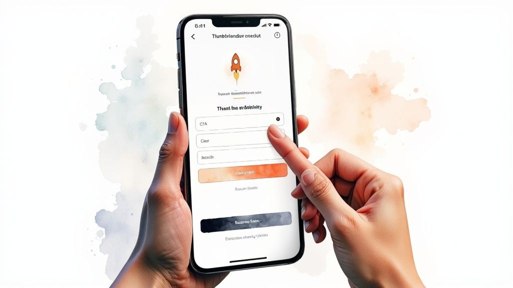 Hands holding smartphone displaying mobile app threat activity security interface with rocket icon