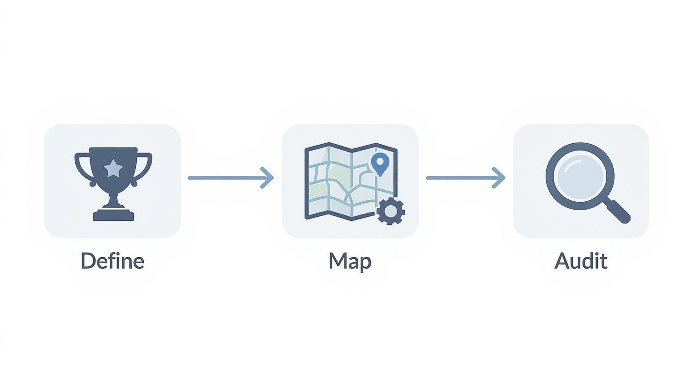 Three-step process diagram showing define, map, and audit stages for conversion rate optimization strategy