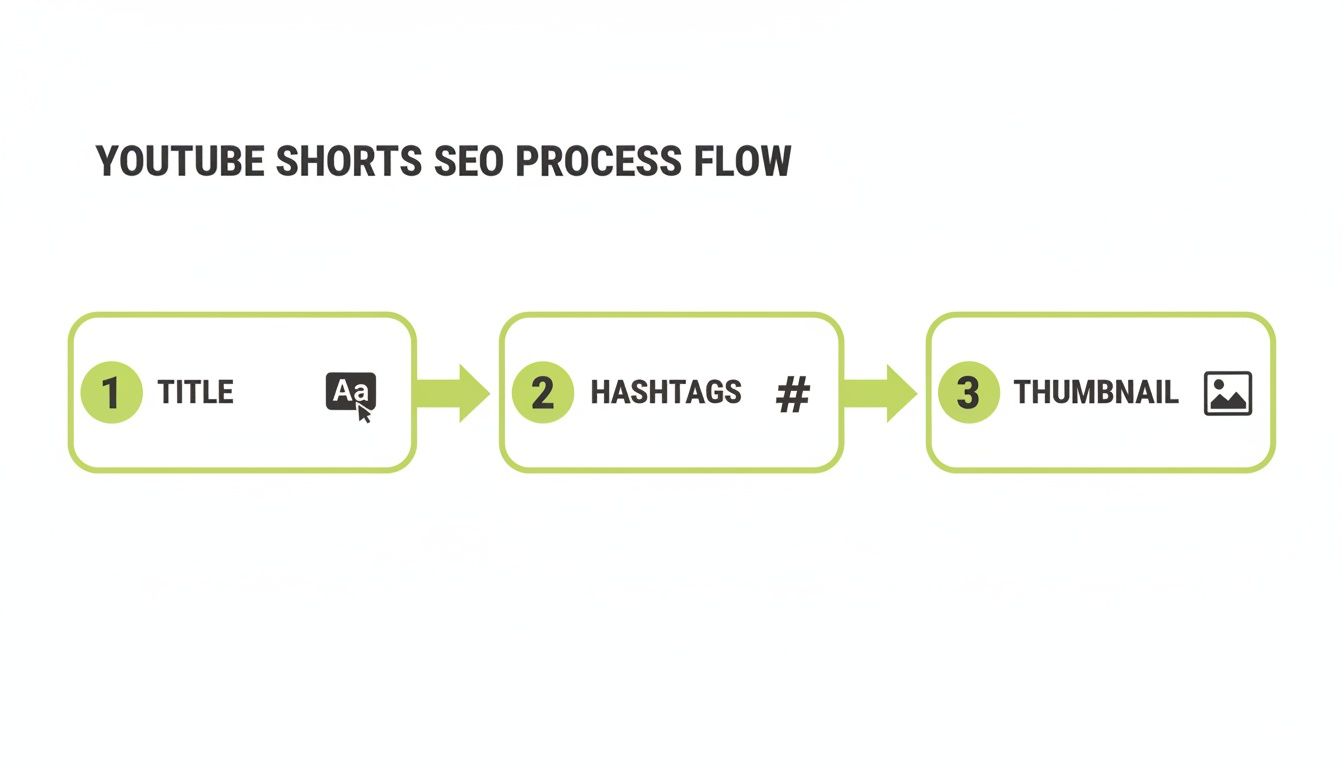 A flow chart detailing the YouTube Shorts SEO process, including Title, Hashtags, and Thumbnail.
