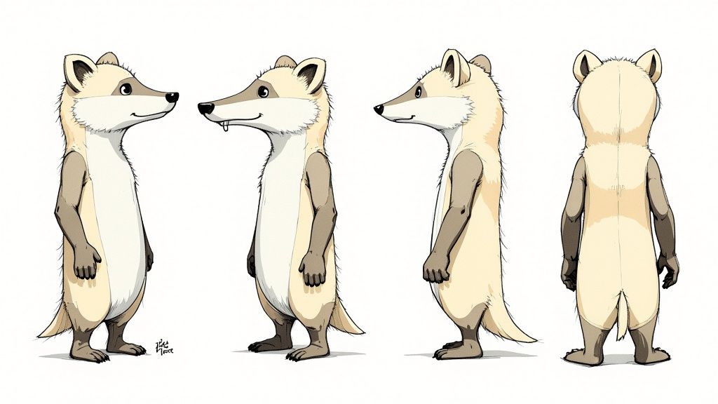 A detailed model sheet of Barnaby the badger showing front, side, and back views, along with key facial expressions like happy, sad, and determined.