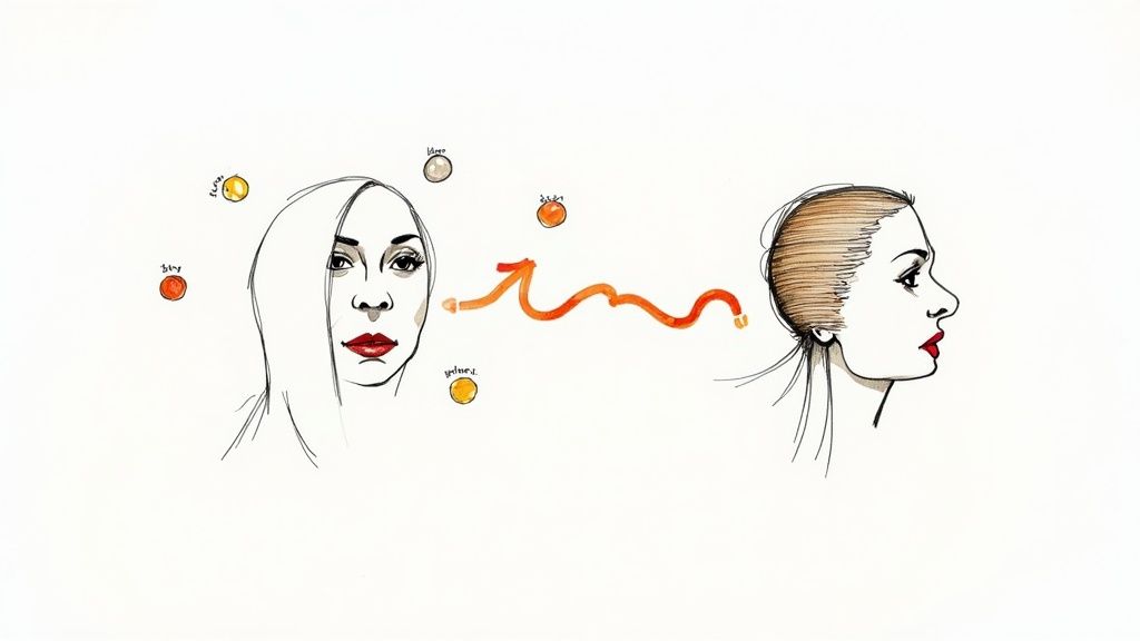 Two illustrated female faces communicating with orange flowing line connecting them and labeled emotion dots