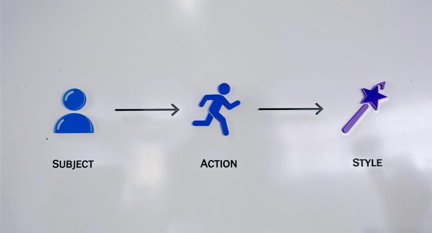 A visual guide showing 'SUBJECT' (person icon), 'ACTION' (running icon), and 'STYLE' (magic wand icon) connected by arrows.