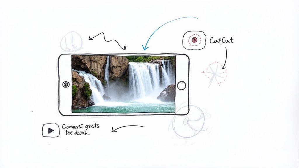 A person's hand holding a smartphone, with an app open on the screen that shows a photo being animated with motion paths and effects.