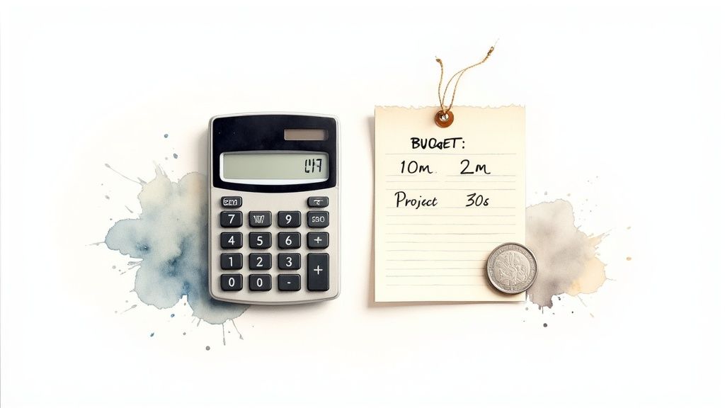 A calculator displaying 47, a note with budget and project details, and a coin on a splattered background.