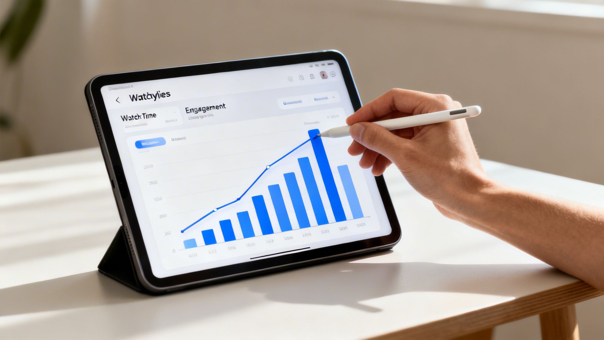 A hand using a white stylus on an iPad displaying a data analytics chart for watch time and engagement.