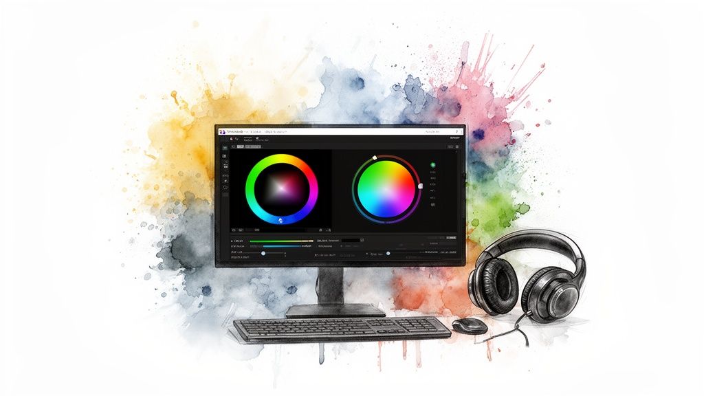 A watercolor sketch of a computer setup with color grading software, keyboard, mouse, and headphones, surrounded by colorful splashes.