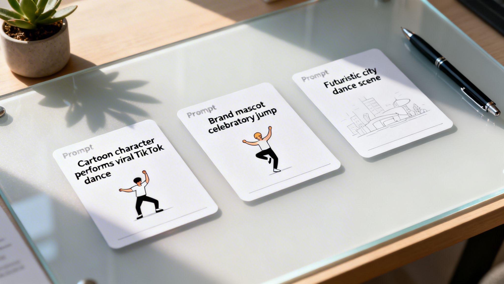 Three white AI prompt cards with various dance and character scene illustrations on a glass table.