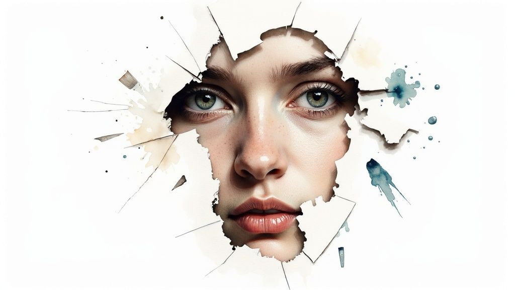 Woman's face emerging through torn paper with watercolor splashes representing inner thoughts and self-reflection