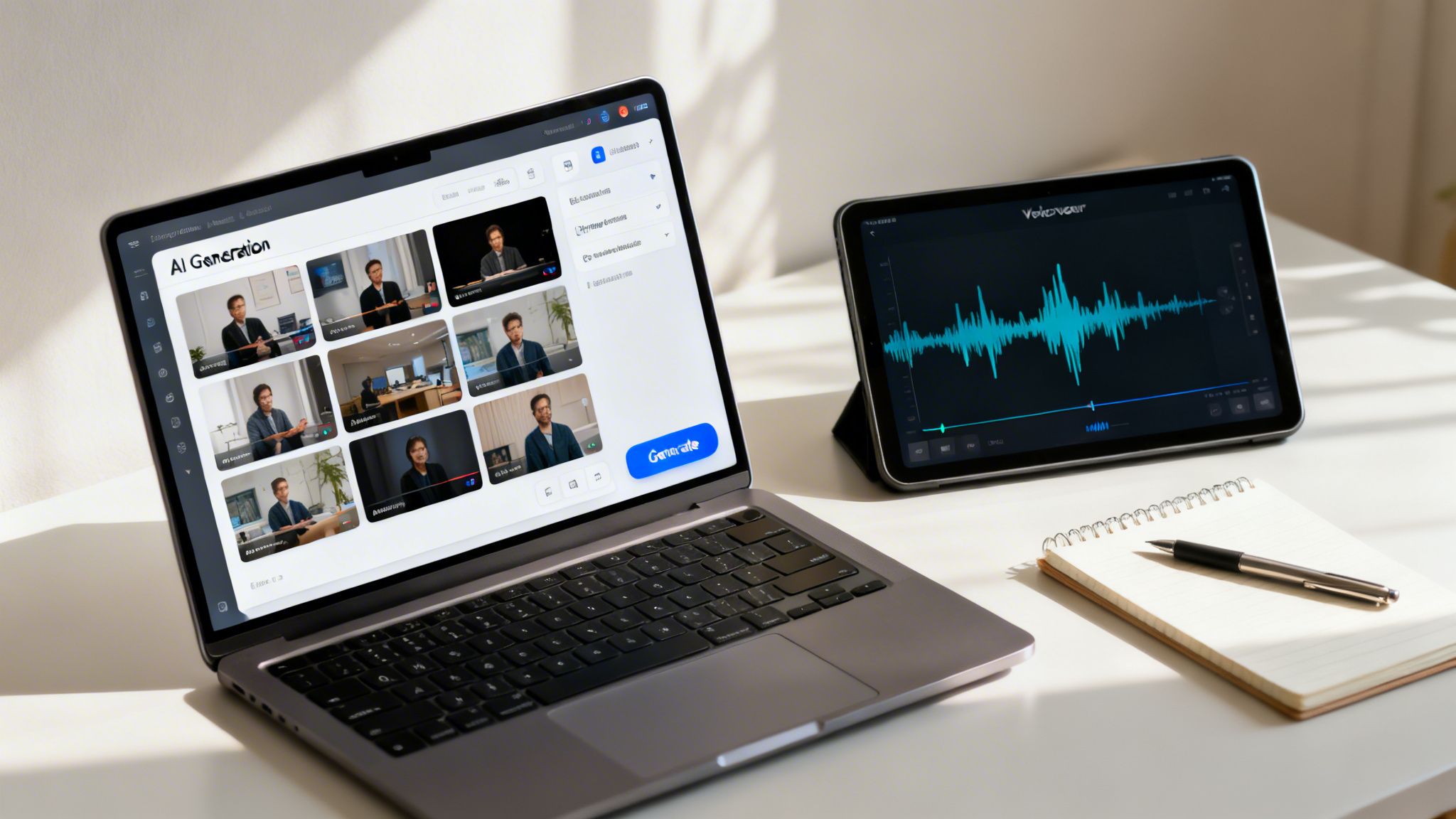 Close-up of a laptop showing AI video generation, with a tablet displaying an audio waveform on a desk.