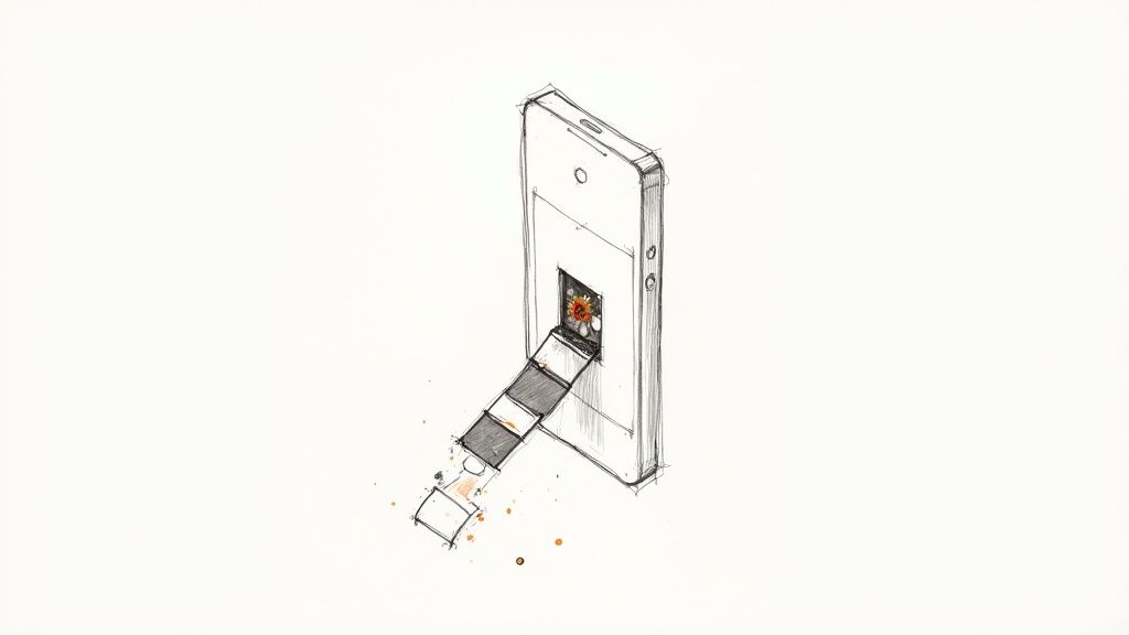 Isometric illustration of smartphone with photo prints sliding out like instant camera film