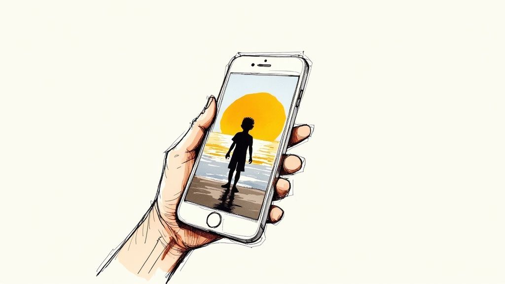 A person using a mobile phone to edit a photo of a child against a sunset.