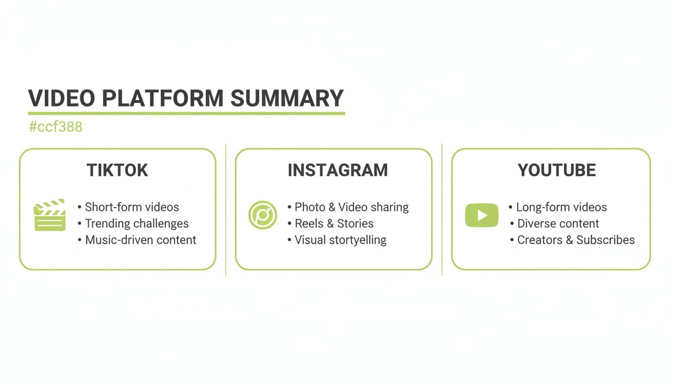 A summary comparing video platforms TikTok, Instagram, and YouTube, highlighting their core features and content types.