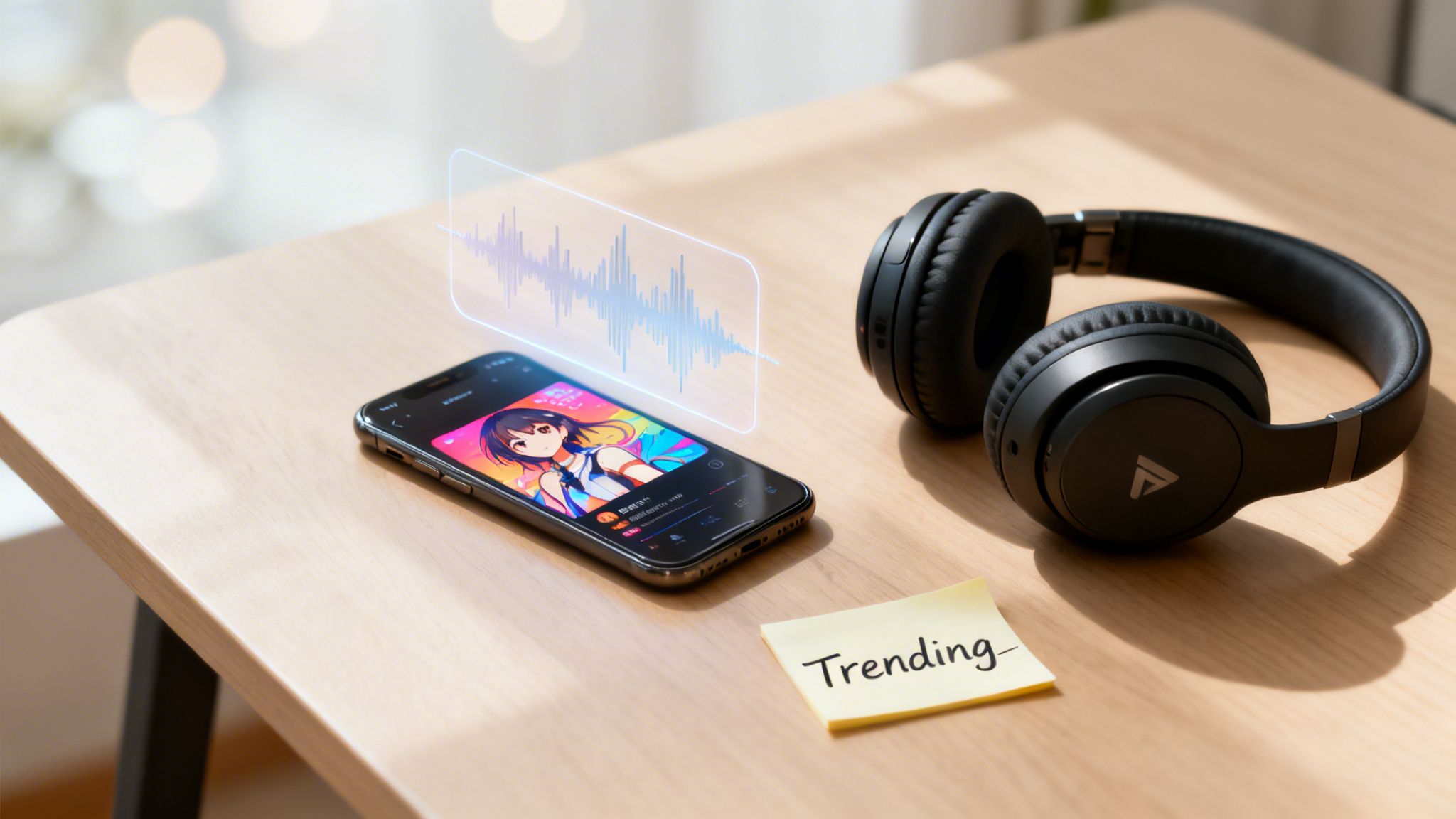 A smartphone displaying anime art and a holographic sound wave, with black headphones and a 'Trending' note on a wooden table.