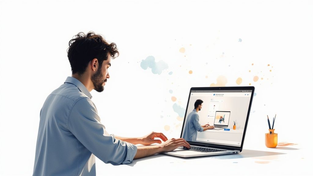 Man working on a modern laptop, displaying a recursive image of himself and his workspace.