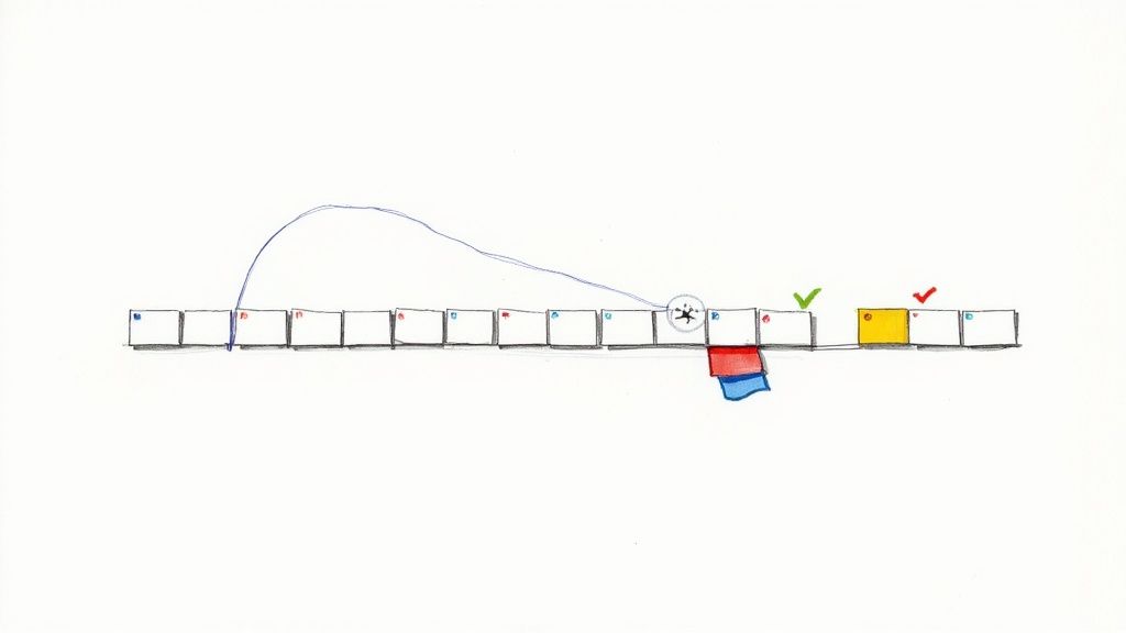 Diagram showing a path over a series of boxes, with an airplane, colored flags, and completion marks.