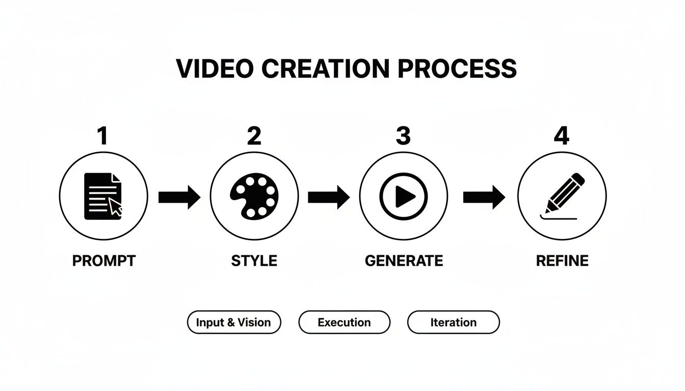 A diagram outlining the four-step video creation process: Prompt, Style, Generate, and Refine.